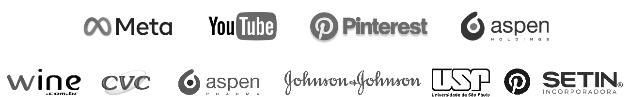 Logos de clientes que Estêvão atendeu: Meta, YouTube, Pinterest, Aspen, Wine, CVC, Aspen Pharma, Johnson & Johnson, USP, Setin